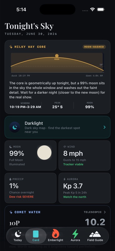 Actual Shutter Scout Card screen showing Tonight's Sky and feature forecasts