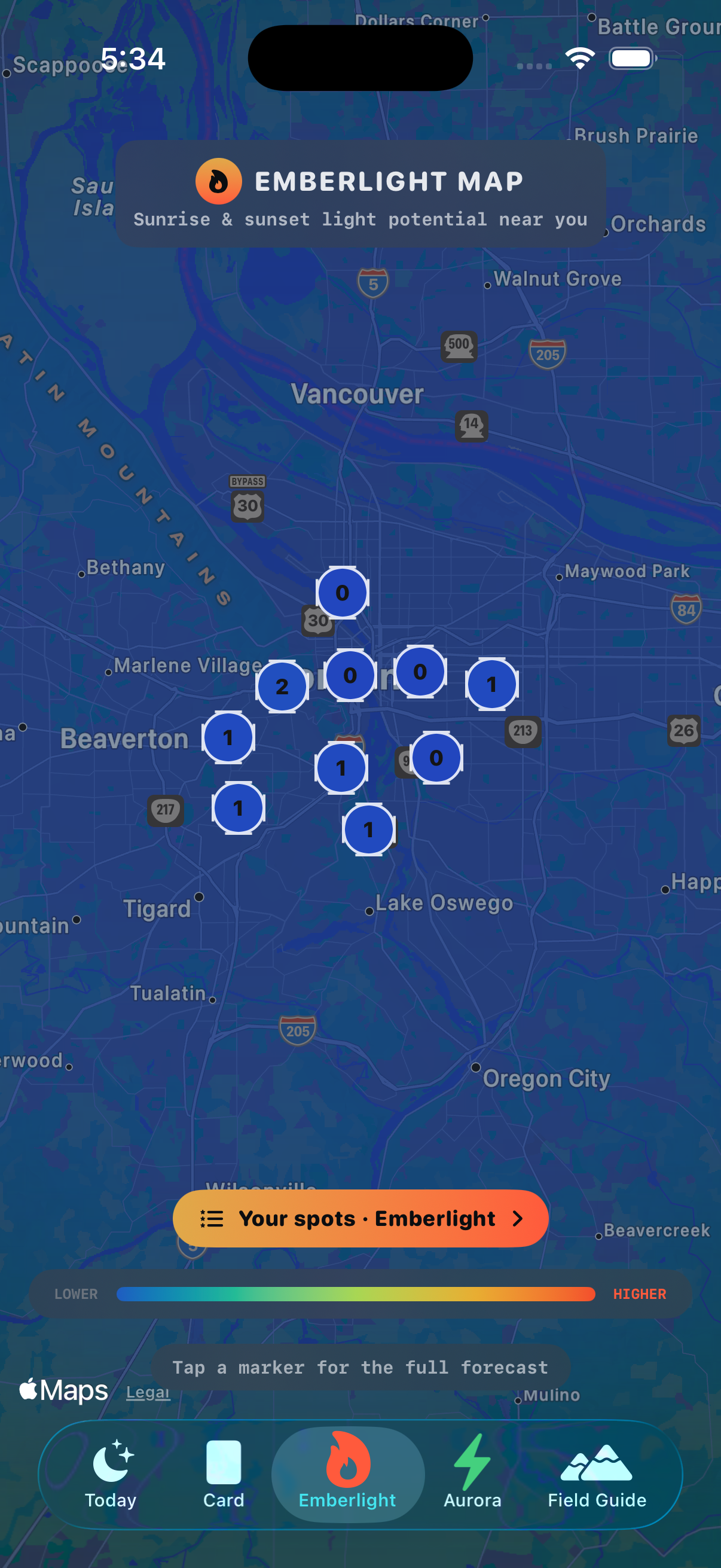 Actual Shutter Scout Emberlight map screen with sunset color markers